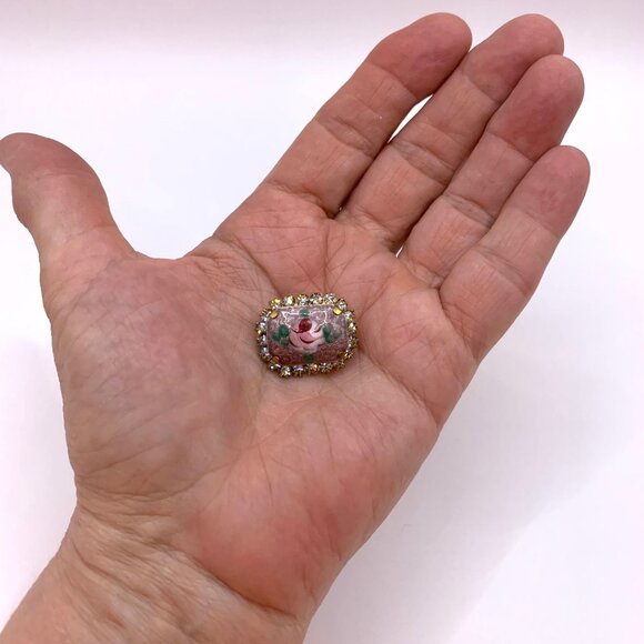 Estate Vintage Hand Painted Rose Guilloche Enamel Rhinestones Brooch Pin J707 - Picture 4 of 7